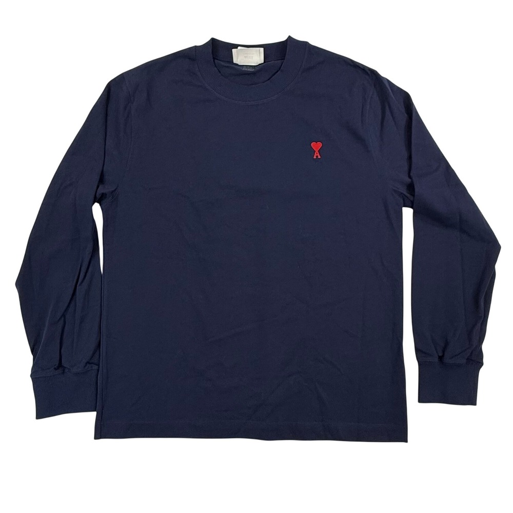 Ami Paris Navy Blue Long Sleeve Ami de Coeur Heart Logo T-Shirt UTS200.701